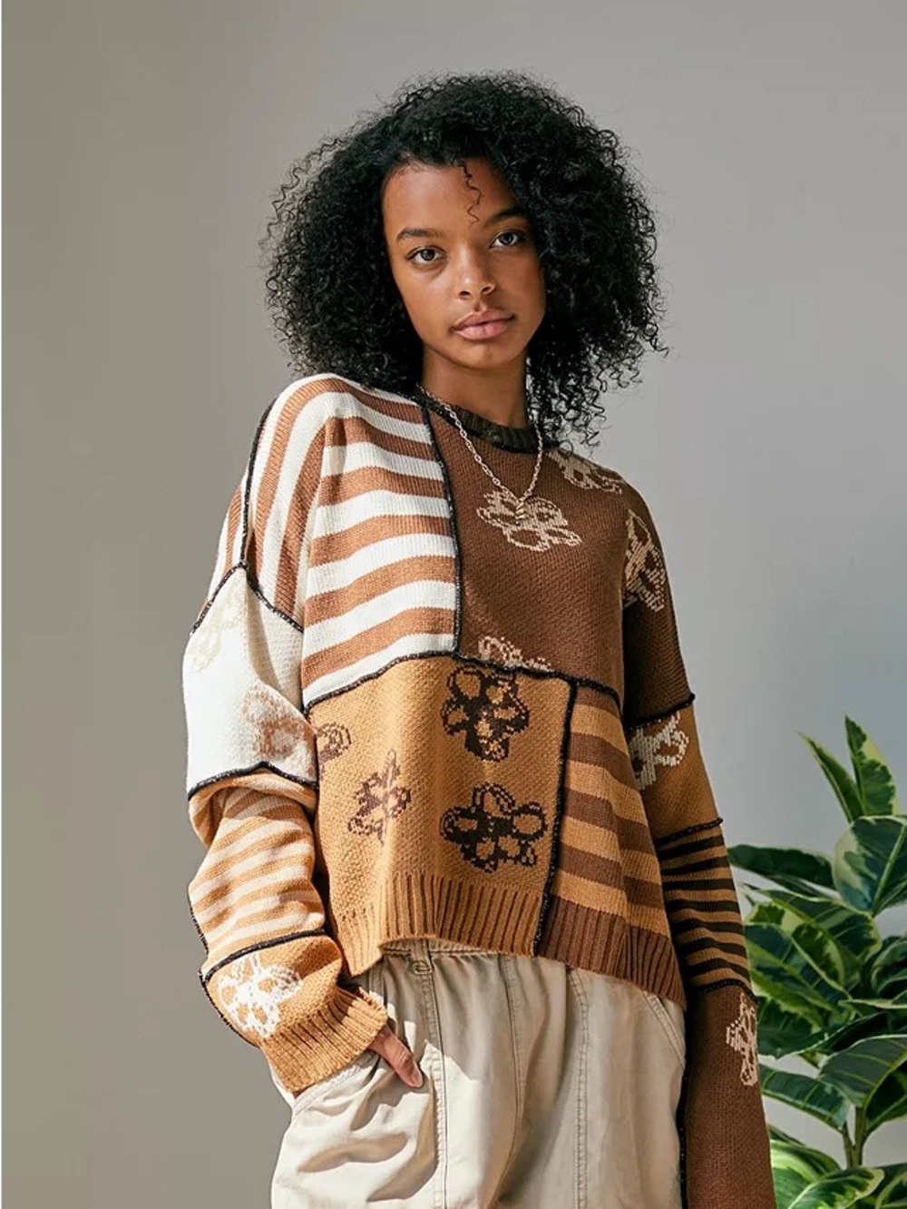 The Ragged Priest Brown Patchwork Floral Striped Knit Pullover Sweater Small